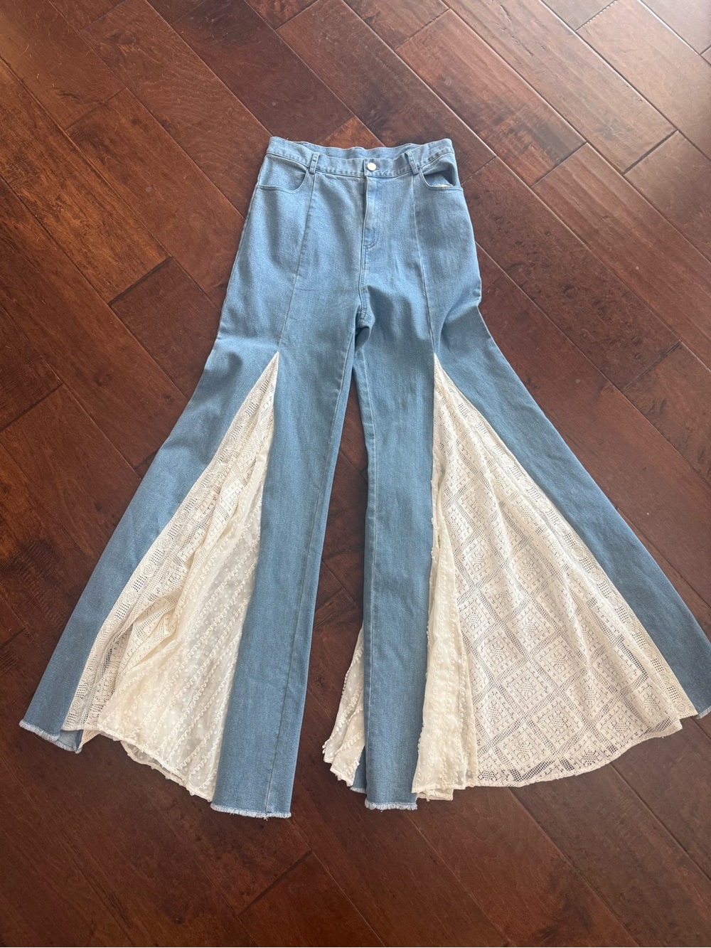 Light Blue Flare Jeans with Cream Lace Insets - Women's Wide Leg